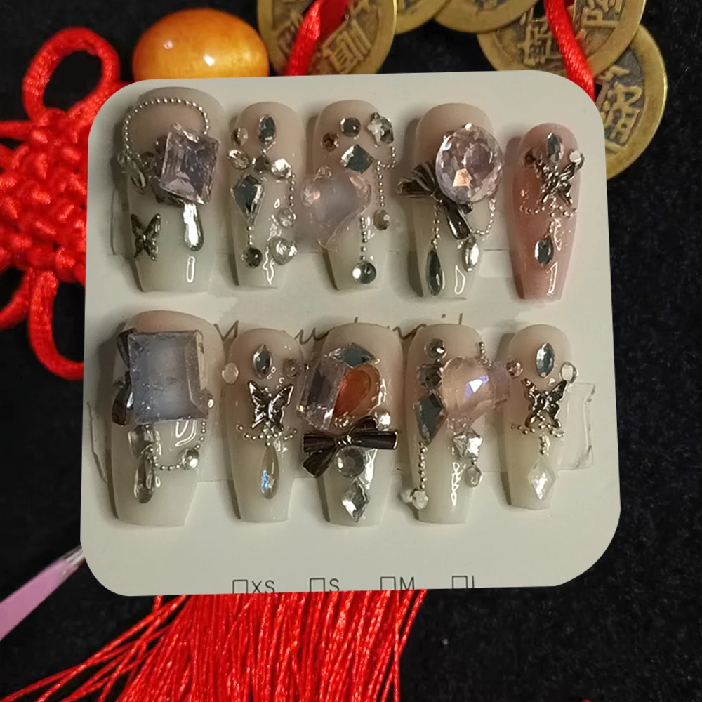 Reusable and Handmate Chinese Classical Press on Nails, Wearable Full Diamond Fake Nail as a Gift Craft Permeating ice Pink diam