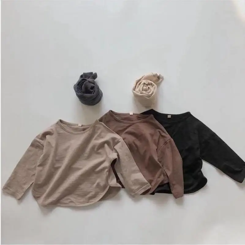 

Autumn New Children Long Sleeve T Shirts Baby Boys Girls Solid Loose Pullover Tops Cotton Casual Bottoming Shirts Kids Clothes