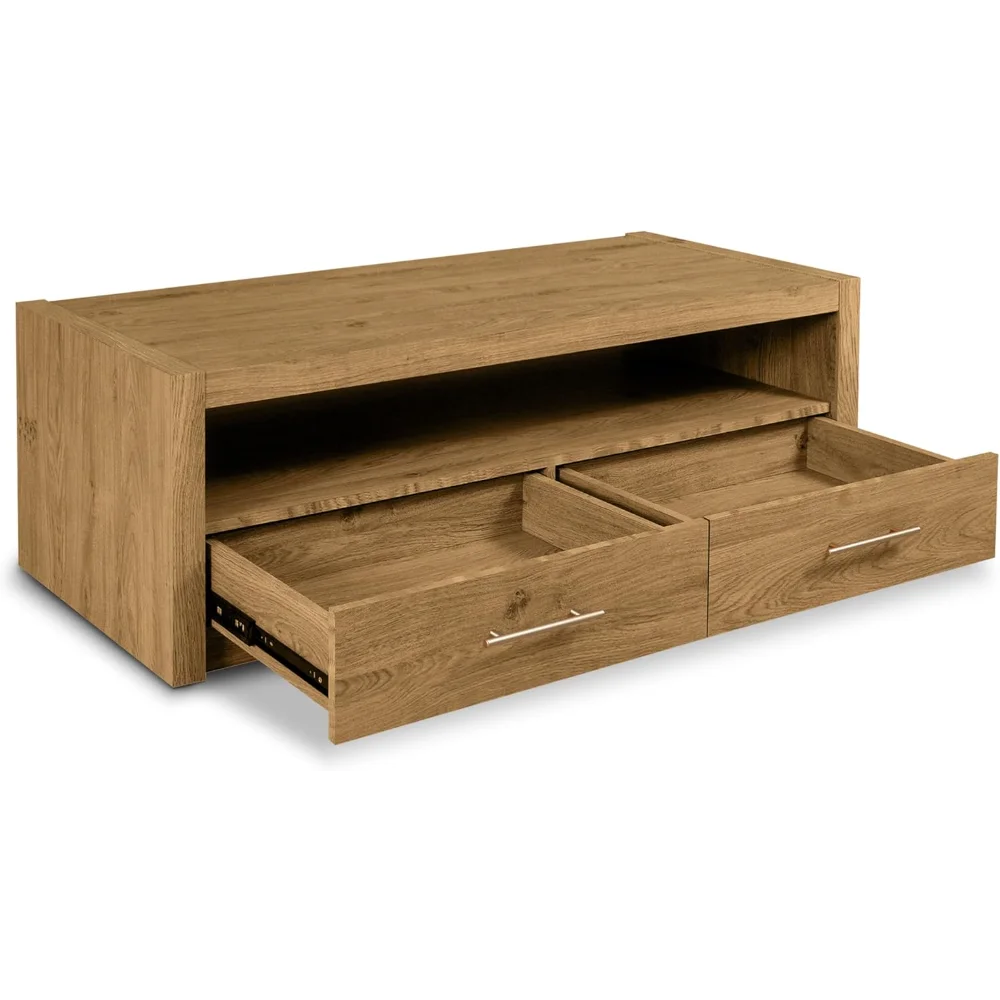 51" Oak Wood Coffee Table with 2 Soft-Close Drawers and Open Shelf Storage, Rustic Finish
