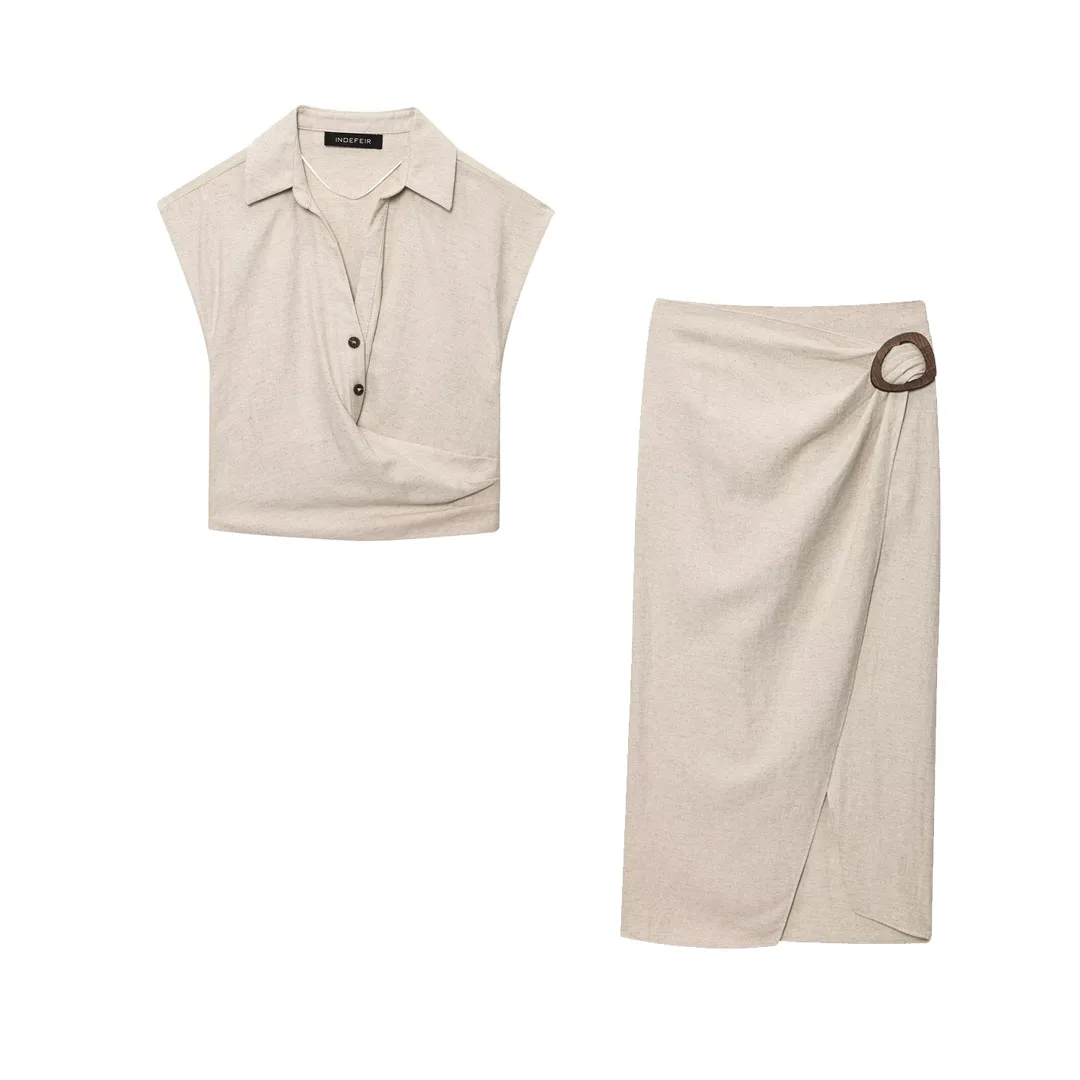 

Topenomi Elegant Matching Sets Women 2025 Summer Lapel Sleeveless Short Shirt Top Split Long Skirt Simple Fashion Skirts Suits