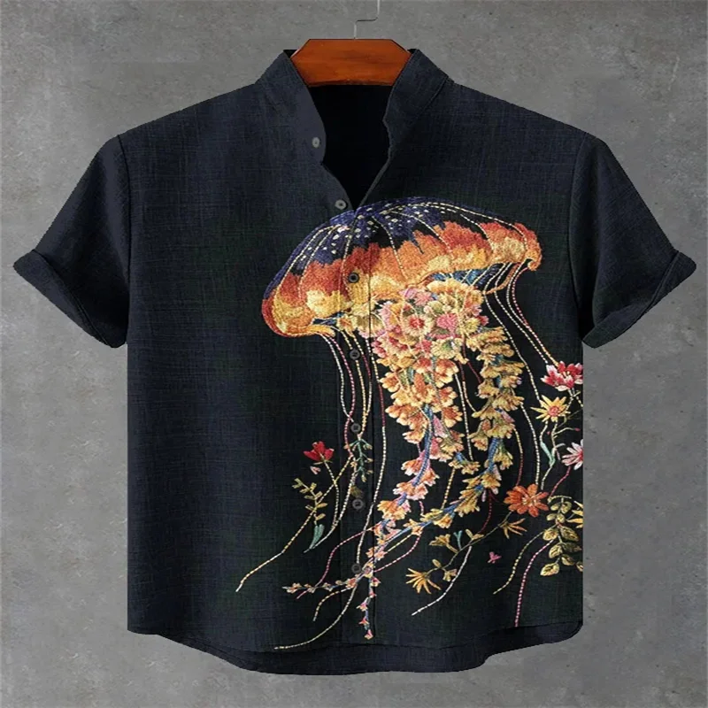 Men's short-sleeved shirt with fun artistic prints, loose and breathable fabric, casual men's top, Hawaiian shirt.
