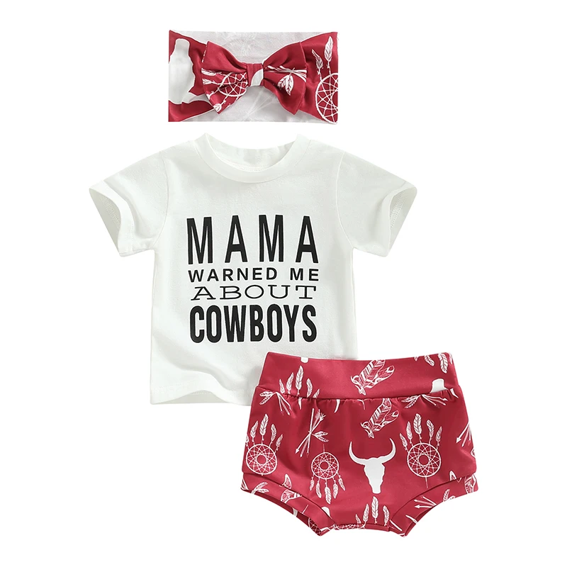 Infant Baby Girls Outfits Summer Letter Print Short Sleeve T-shirt and Cow Head Print Shorts Headband Children's Clothing Set