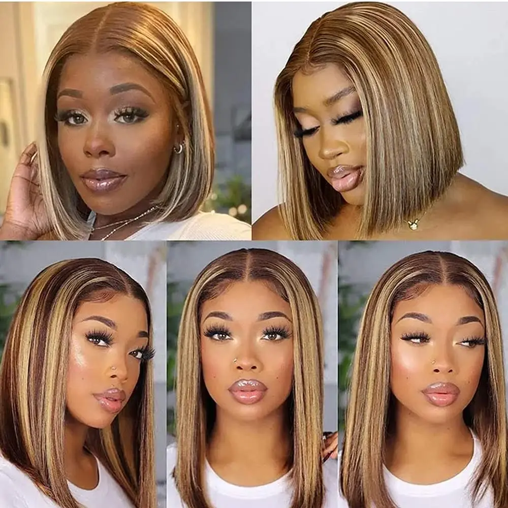 Sleek Highlight Wig Colored Human Hair Wigs 13x6x1 Short Straight Bob Wig P4/27 Highlight T Lace Brazilian Hair Wigs Black Wigs