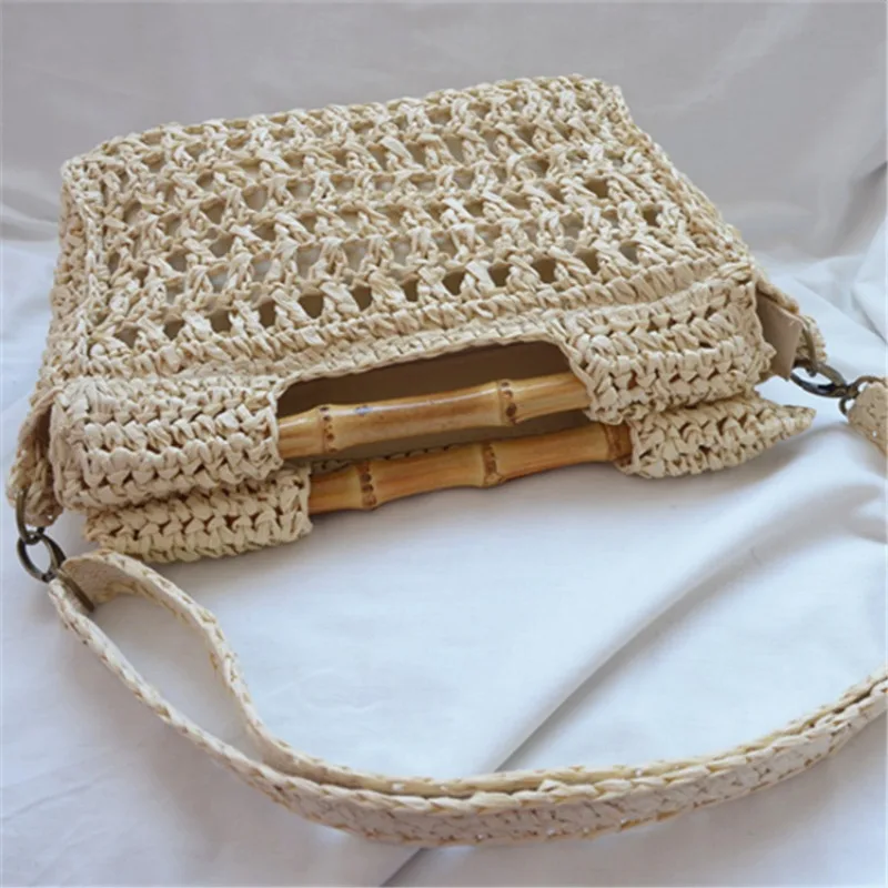 Vintage Bamboo Handle Straw Handbags Casual Paper Woven Women Shoulder Crossbody Bags Handmade Summer Beach Bag Small Tote Purse