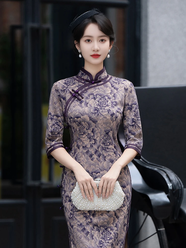 

Ele Reformed Chinese Sle Dr Retro Daily Long Qipao Skirtlike Polyester And Spandex Fiber Autumn New Arrival