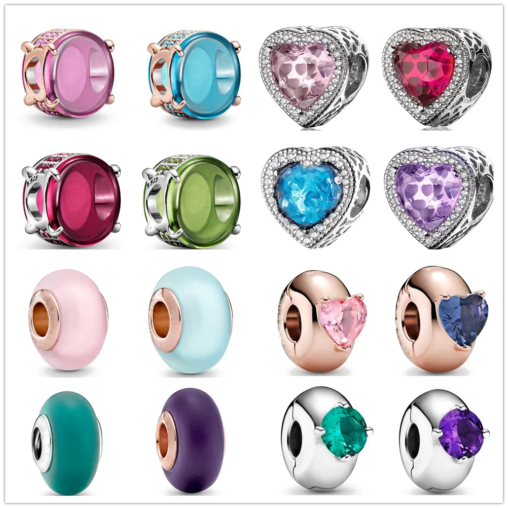 Fit Original Pandora Charms Bracelet 925 Sterling Silver Shiny Colorful Heart Charm Beads DIY Women Jewelry Making Gifts