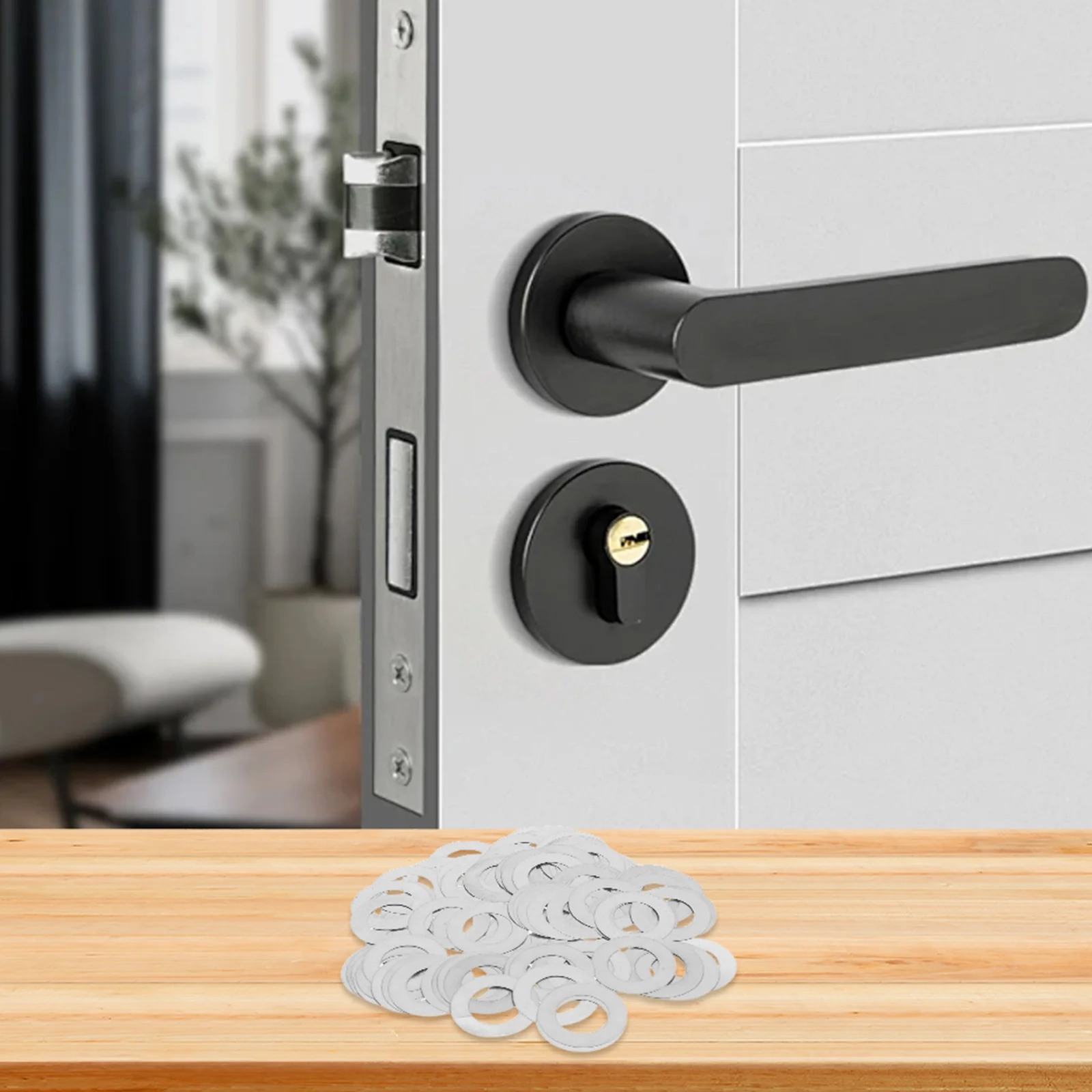 

100Pcs Stainless Steel Door Knob Spindle Flat Washers Ultra Thin Shims Noise Reducing Home Renovation Kit Flat Washer Spacers