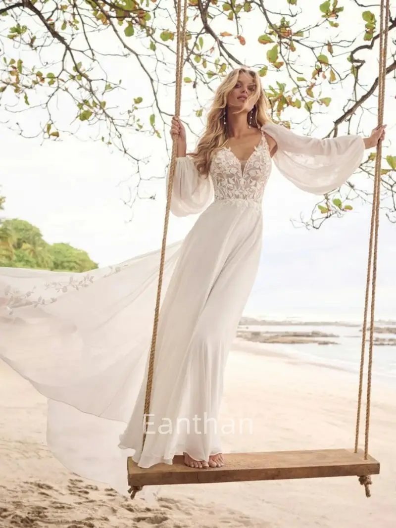 

Bespoke Aline Bride Dresses Long Sleeves Detachable 2 in 1 Boho Wedding Dress for Woman Illusion Chiffon Ivory Wedding Gowns