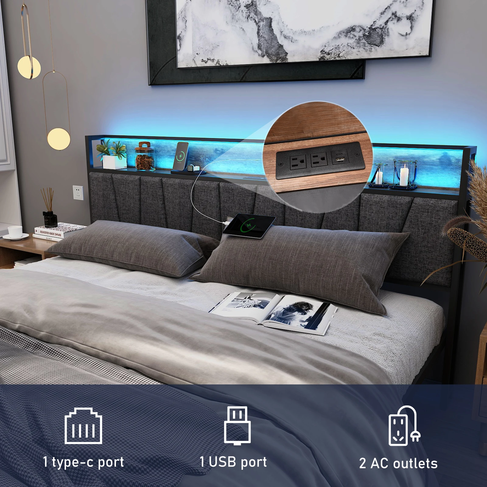 LED Queen Size Bed Frame w/Storage Headboard for Bedroom, Metal Platform Bed w/Outlets & USB/Type-C Port, No Box Spring Needed image 4