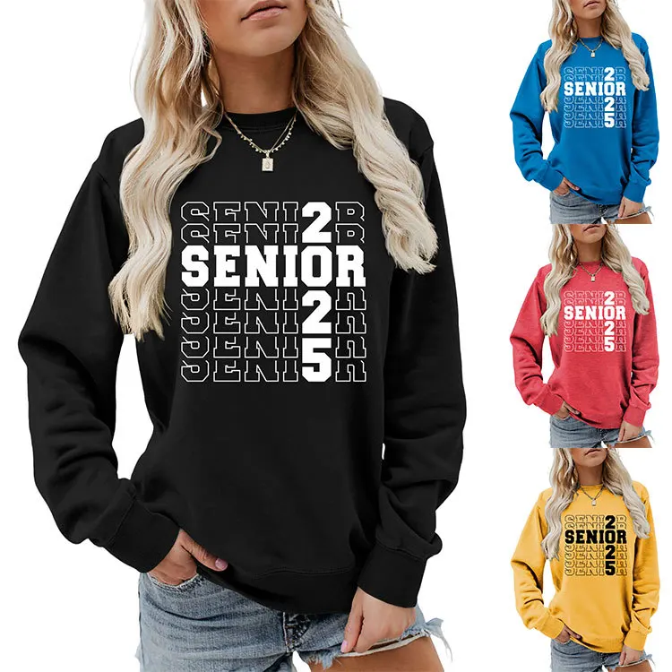 Autumn new crew-neck women\'s casual T-shirt hoodie senior 2025 printed loose long-sleeved top with all fashion pullover