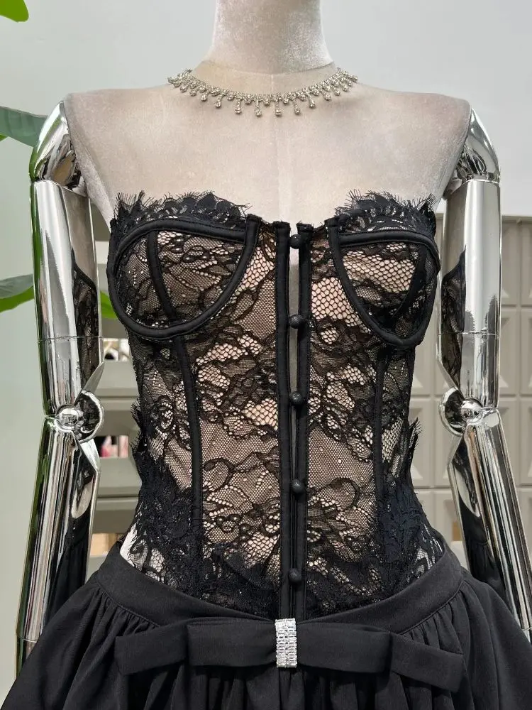 2025 Summer New Sexy Lace Corset Top+ Low Waist Flower Mini Skirt Set Women Elegant Party Nightclub Y2K Two Piece Dress Outfit