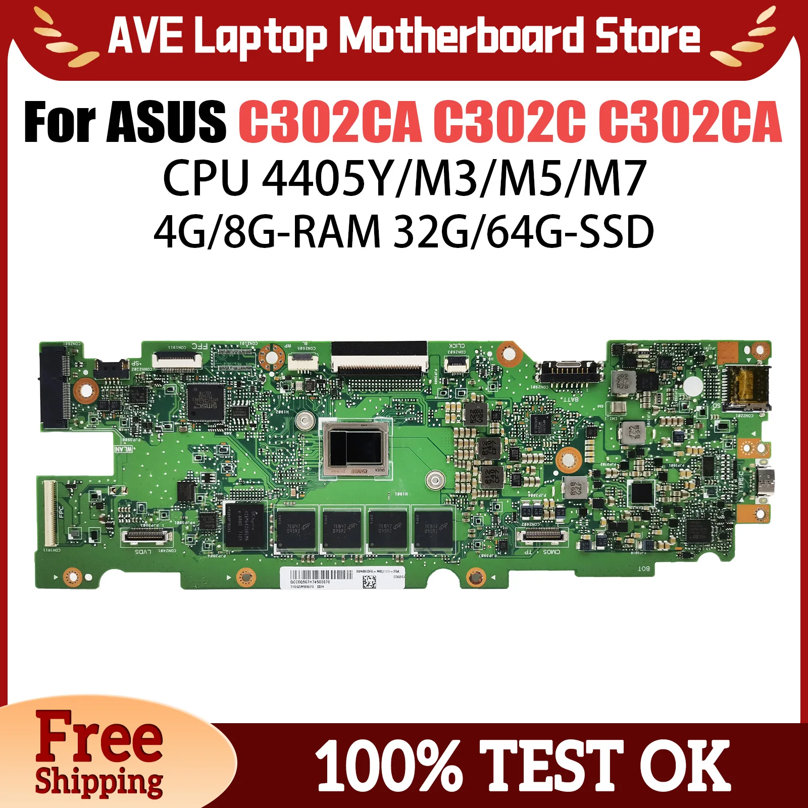 C302CA Laptop Motherboard For ASUS Chromebook C302C C302CA Mainboard M3-6Y30/M5-6Y54/M7-6Y75 CPU 4G/8G-RAM 32G/64G-SSD