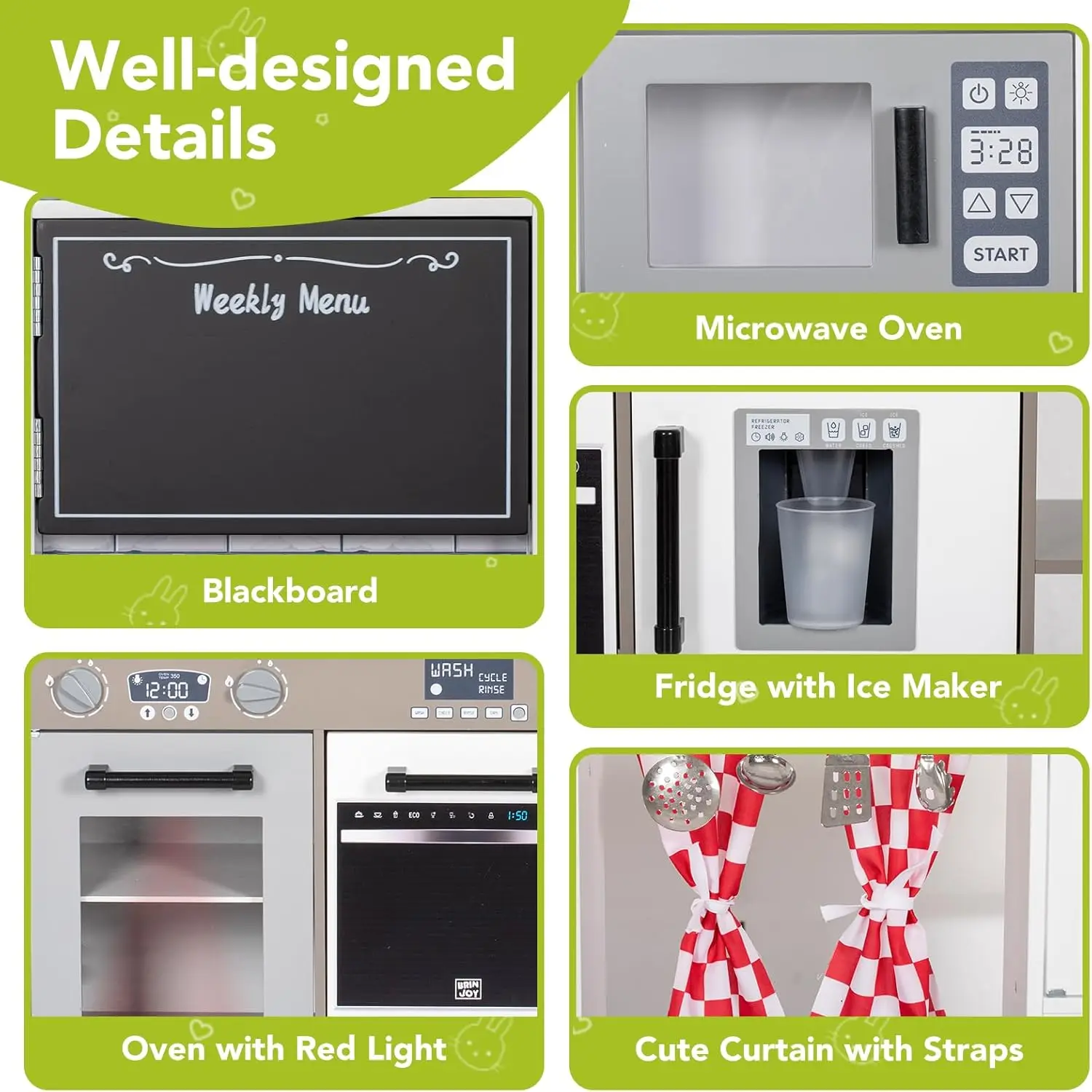 Kids Kitchen Playset, Wooden Toddler Kitchen Set w/Curtains, Coffee Maker, Storage Shelf, Stove,Sink, Utensils, Light & Sound, K