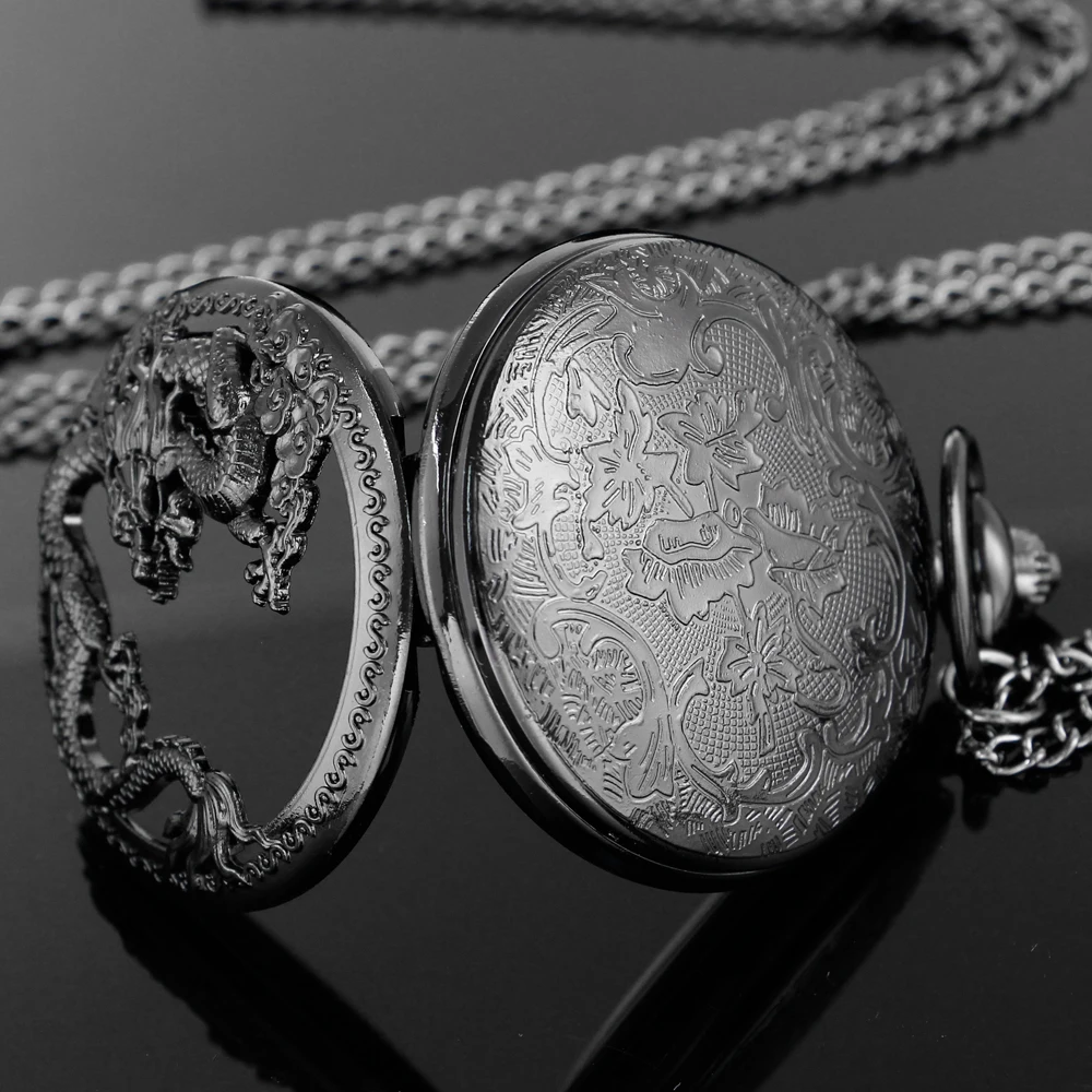 Chinese Dragon Sculpture Black Quartz Pocket Watch High Quality Necklace Timing Pendant Unisex Pocket Watch Gift Cf1629