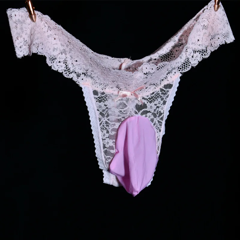 Mens Sexy Thong Underwear Low Waist T Back Lace Panties Erotic Briefs Breathable Pouch Lingerie Plus Size