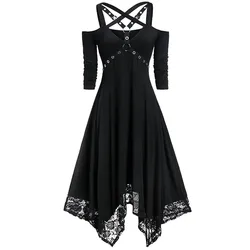 Gotyckie przebranie na Halloween damskie czarne z odkrytymi ramionami koronkowe patchworkowe Punk rockowe pasek krzyżowy Sexy Vintage Midi Vestido Платье Летнее