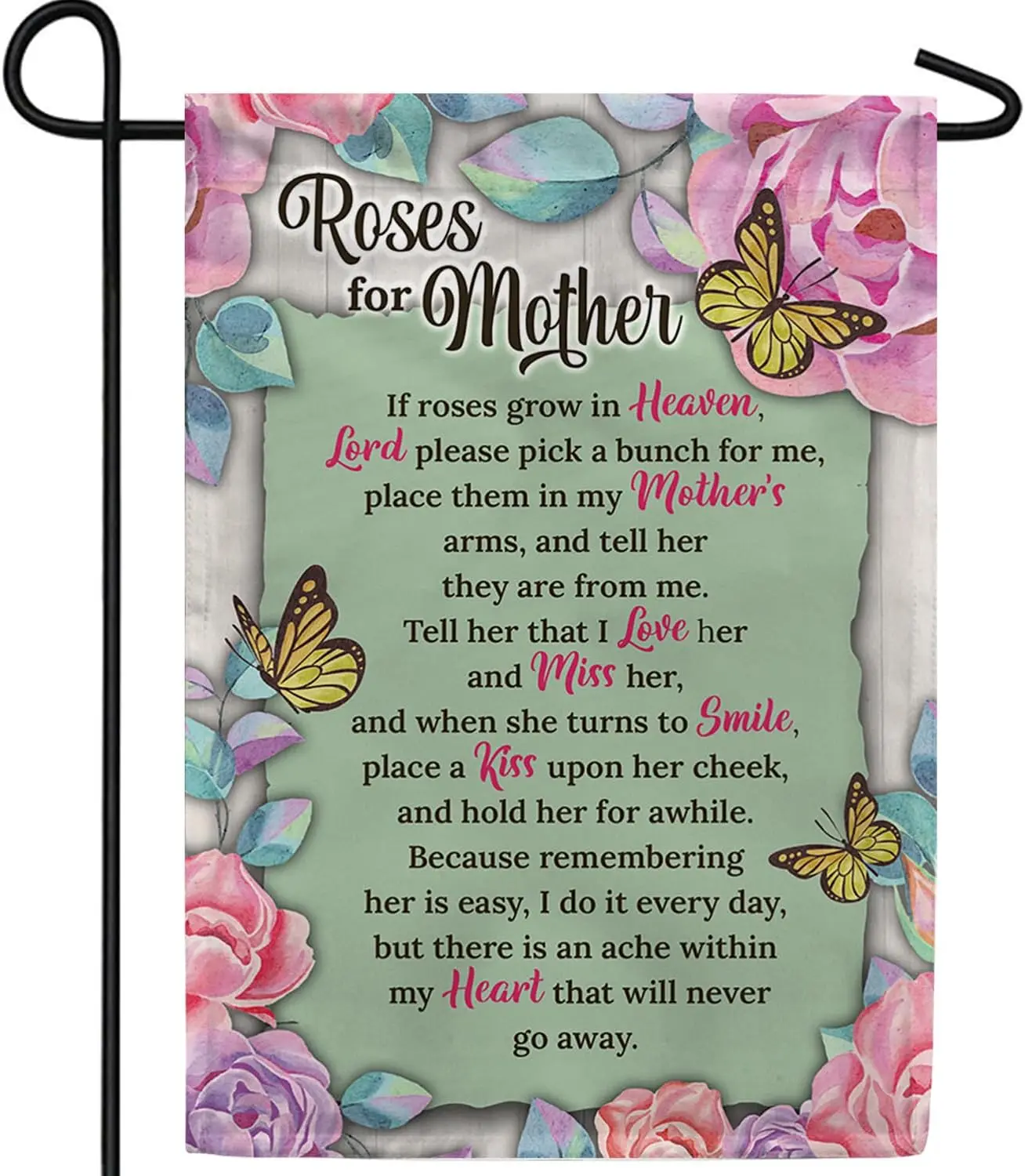 America Forever Roses For Mother Garden Flag, 12.5 x 18 inch Double Sided, Butterflies Banner, Memorial Outdoor Decor, Cemet uui