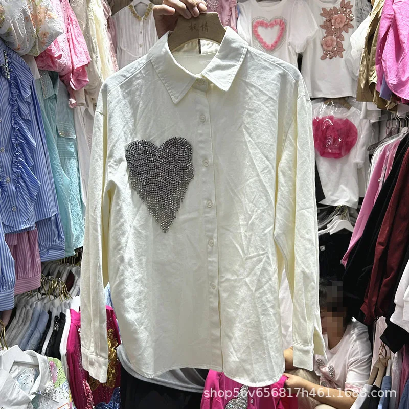 Solid Color Autumn Long Sleeve Women Shirts All-match Single-breasted Loose Cardigans Top Love Diamonds Casual Cotton Blouses