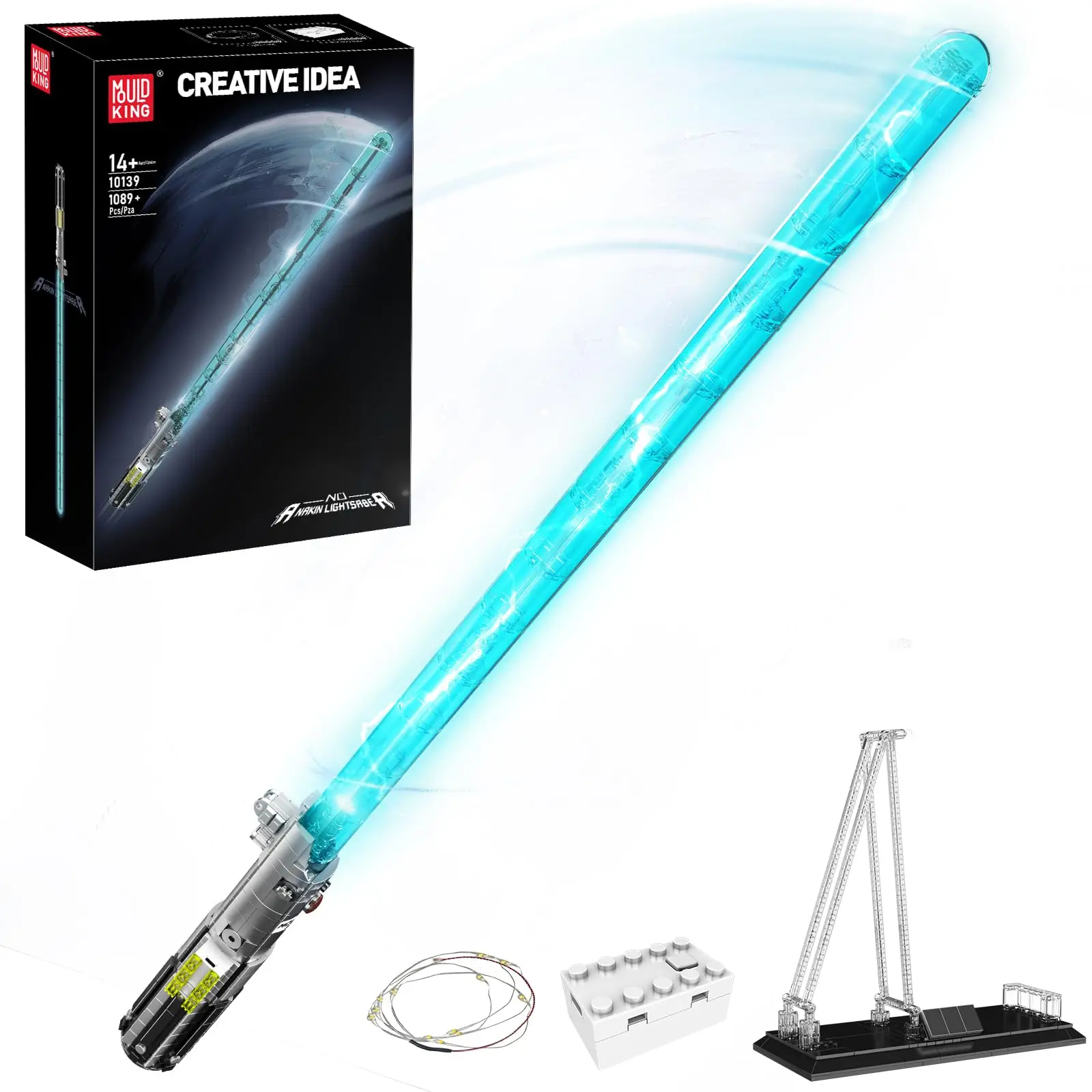 MouldKing 10139 1089 PCS Rechargeable LED Light Sword Building Kit with Display Stand,Cosplay Prop for Adults & Teens, Gift Idea