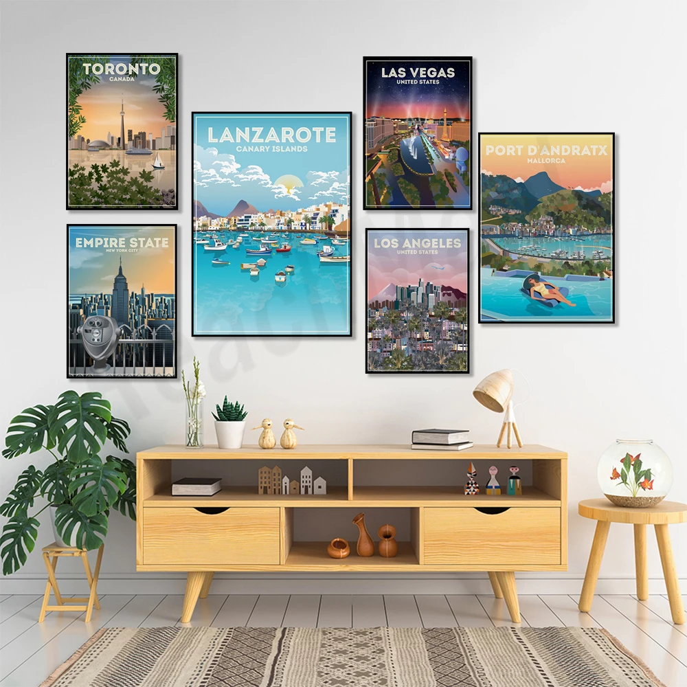 Saint Tropez, France, Rome, Lanzarote, Ibiza, Valletta Malta, Empire State Building New York, Los Angeles, Toronto travel poster