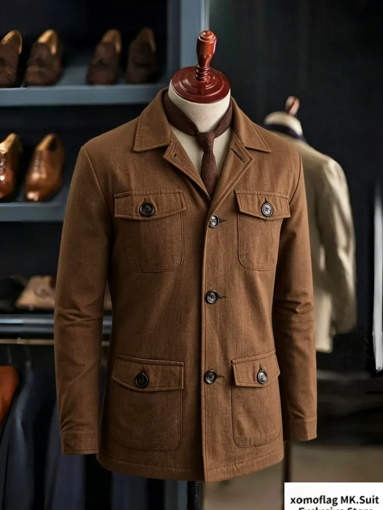 Herren-Safari-Jacke aus 100 % Baumwolle, Retro-Stil, mehrere Taschen, Freizeitanzugjacke, Retro-Stil, einfarbig, leicht, für den täglichen Geschäftsgebrauch