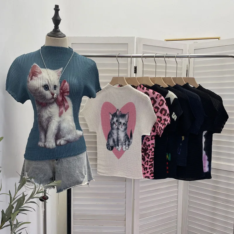 Women American Retro Y2K Ruched Elastic Crop Top T-shirt Summer Printed Slim Fit Short Sleeve Figure Flattering Blouse 23751