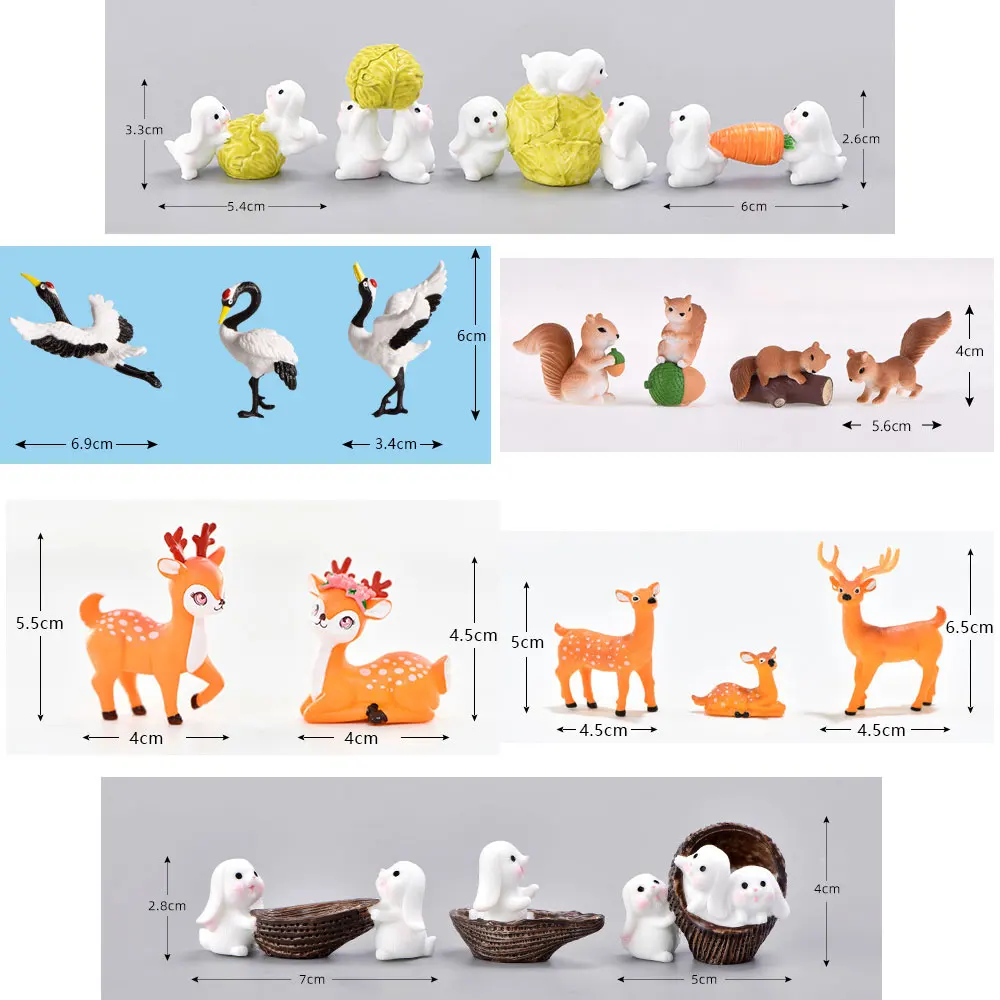 20PCS Animals Figurine Red Crowned Crane Sika Deer Squirrel Rabbit Figurine Miniature Fairy Garden Decoration Accessories