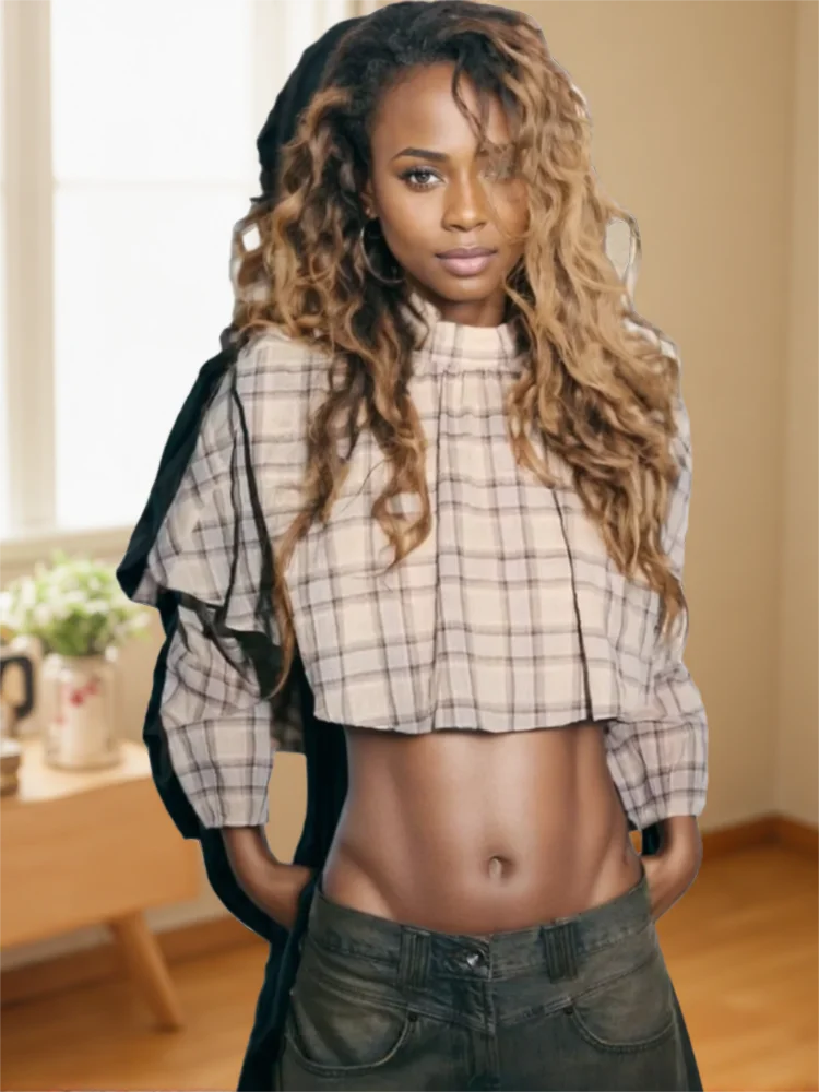 

Французская винтажная блузка в клетку для женщин, с длинным рукавом, с оборками, короткая, приталенная, осенний топ, элегантная рубашка в клетку