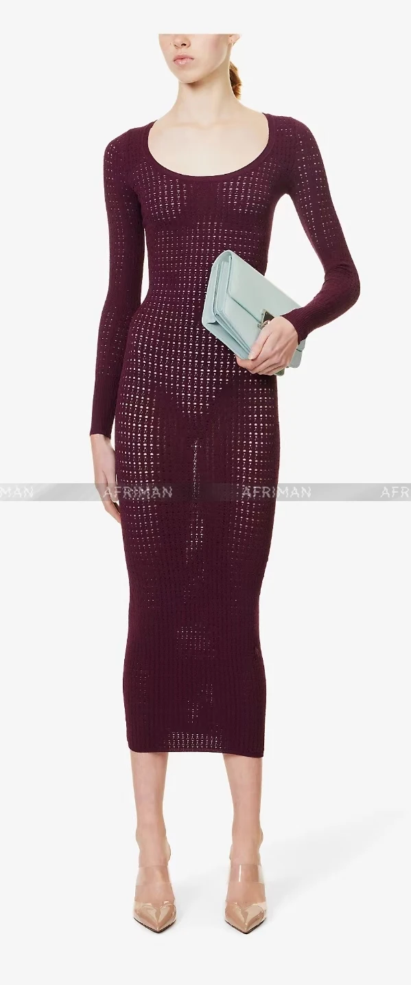 Women Scoop Neck Cut Out Long Sleeve Slim Knit Maxi Long Step Dress