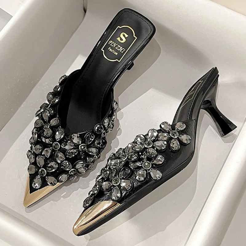 Luxury Rhinestones Pointed Toe Mules Pumps Women Slippers Summer New Fashion Slides Designer High Heeled Sandals Female Tacones