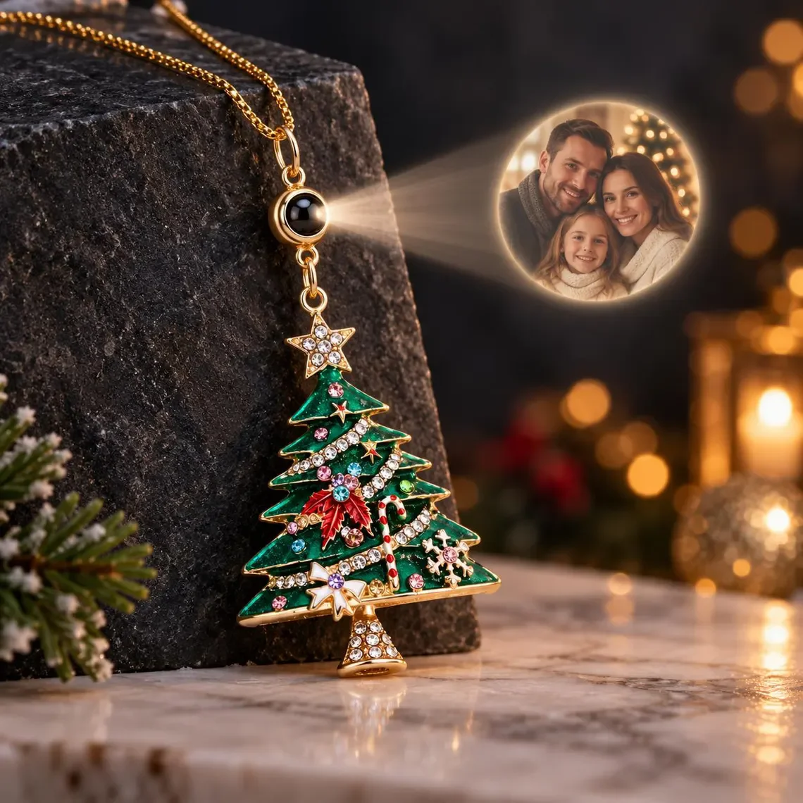 Dascusto Custom Photo Projection Necklace Personalized Christmas Tree Green Enamel Gold Xmas Jewelry Christmas Gifts For Womens