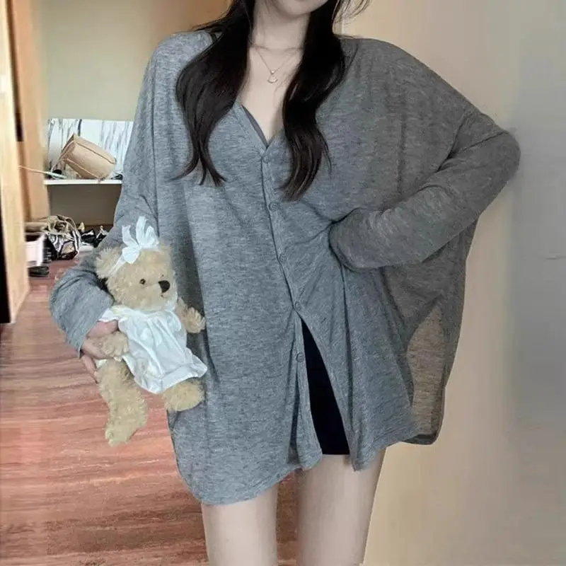 2025 Summer New Lazy Style Women's Open Cardigan Thin Sun Protection Cover up Loose Fit V-Neck Long Sleeve Casual Shirt