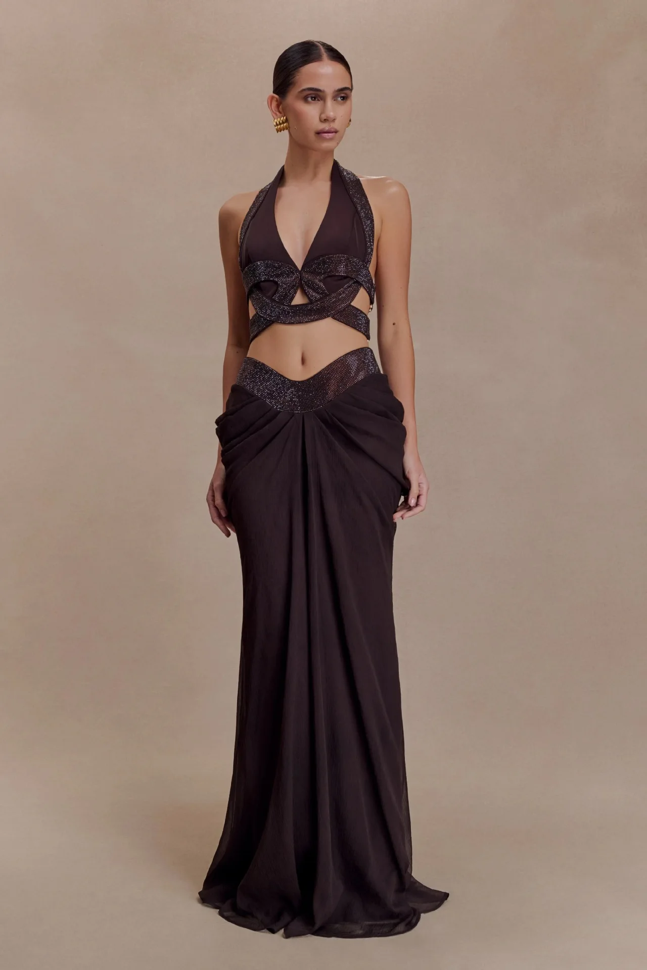 European And American Style Spicy Girl Hanging Neck Hot Diamond Exposed Waist Set Skirt Sexy Slim Fit Long Dinner Dress image 2