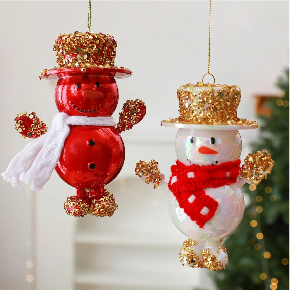Red White Glitter Snowman Ornament Hand Painted DIY Christmas Tree Decoration Hanging Bauble For Holiday Party Home Decor 12cm