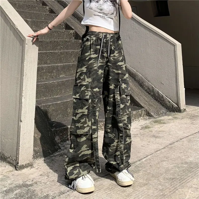 American Women Camouflage Pants Overalls Students Loose Autumn Fashion Straight High Waist Drawstring Pockets Wide Leg Trousers