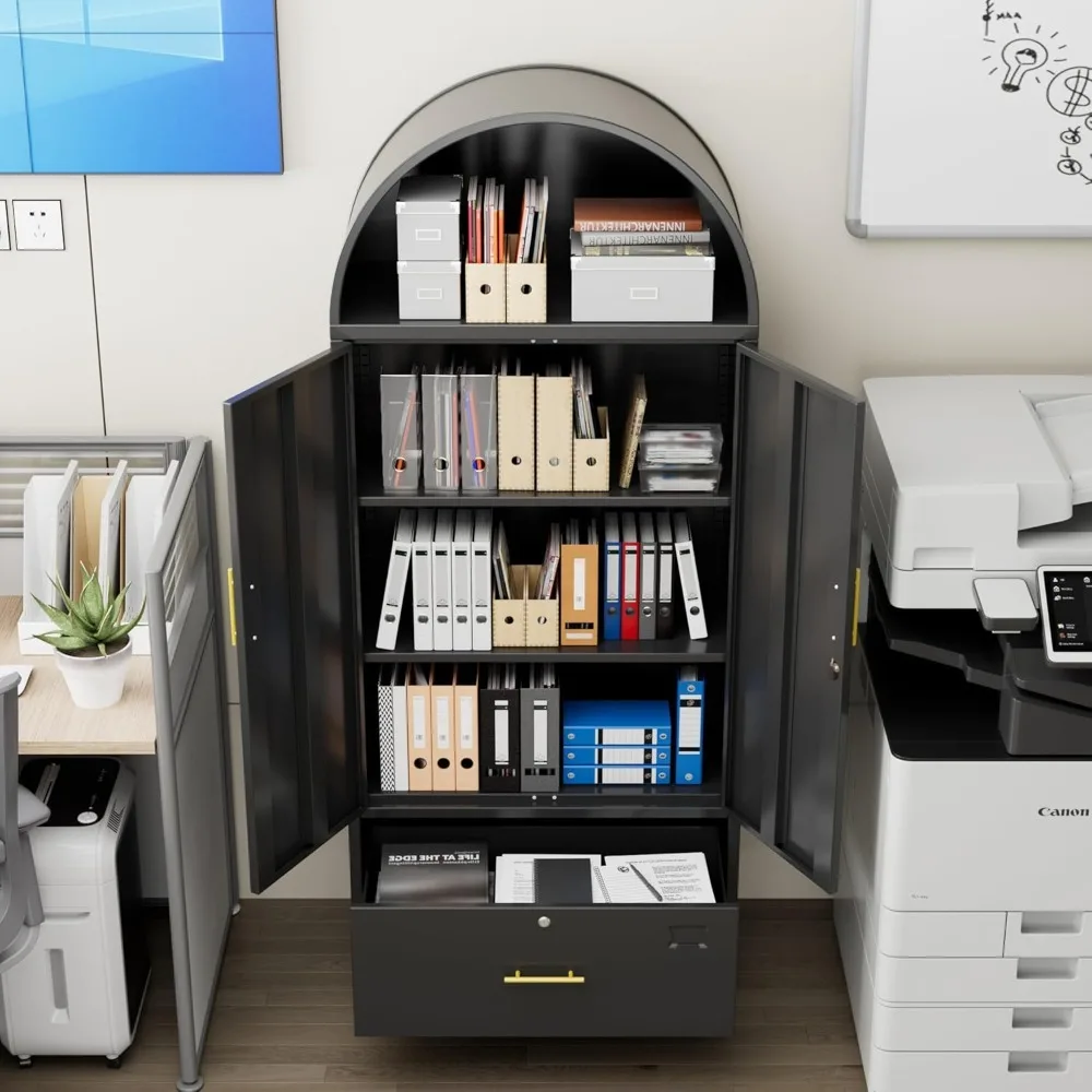 

Lateral File Cabinet, 73" Black Filing Storage Cabinet with 1 Lockable Drawer, Metal Arched Cabinets with Doors, Arched Bookcase