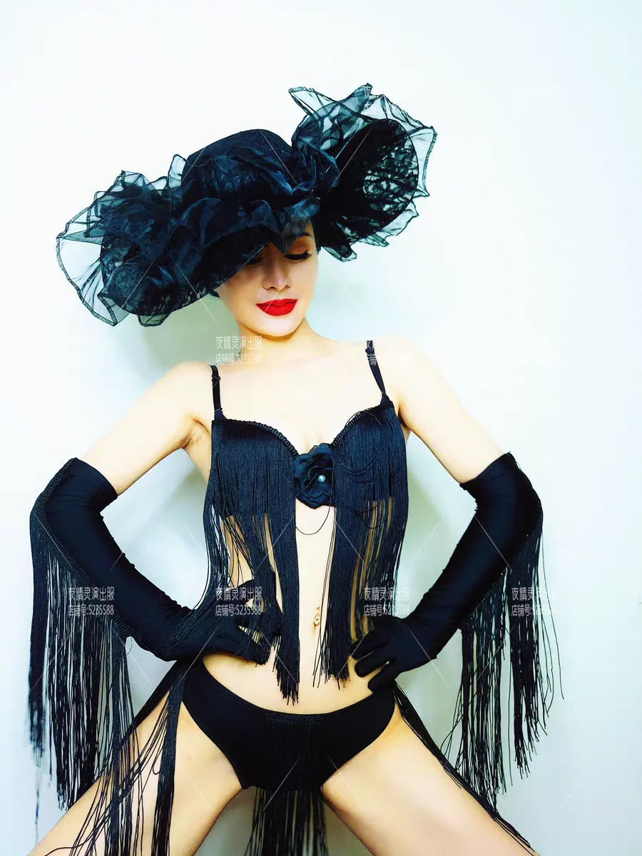 Bar Nightclub Sexy Gogo Dance Costume Red White Lace Hat Tassel Bikini Rave Festival Outfit DJ Dancer Team Performance Clothing