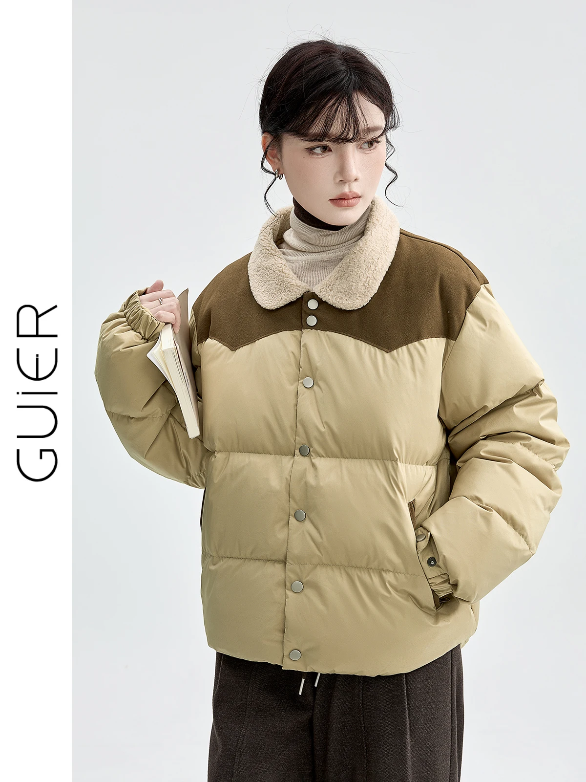 

Guier Color Blo Du down Jaet Women's Winter New Retro High Warmth White Du Feather Coat Splicing Contrast Color Ladie...