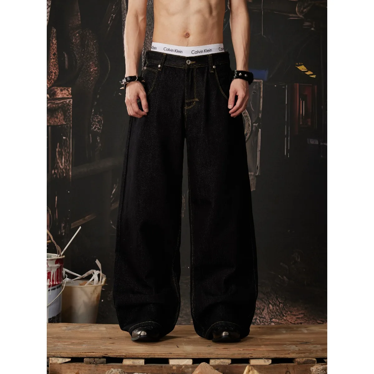 Black Embroidered American Lettering Jeans Men's Cleanfit Design Loose Straight Leg Trousers Paris Button Casual Polyester