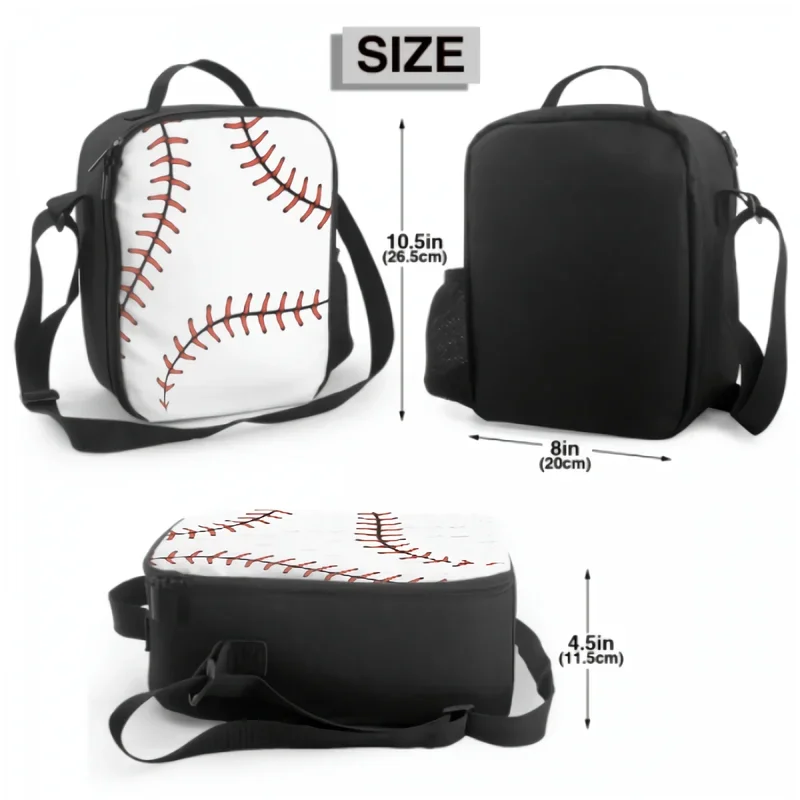 Baseball Lace Insulated Lunch Box for Kids Leakproof Portable Lunch Bags with Adjustable Shoulder Strap Reusable Cooler Tote Bag