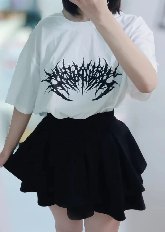 

Japanese Mine Dark Goth Punk Summer Short-sleeved T-shirt Sweet Girl Couple T Shirt Versatile Print Simple Mid-length Tops