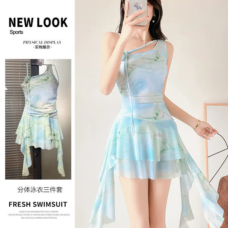 Conservative Tie Dye Beautiful Swimsuit Young Women One-piece Flat Corner Skirt Flat Corner Slim Vacation Swimsuit beach clothes