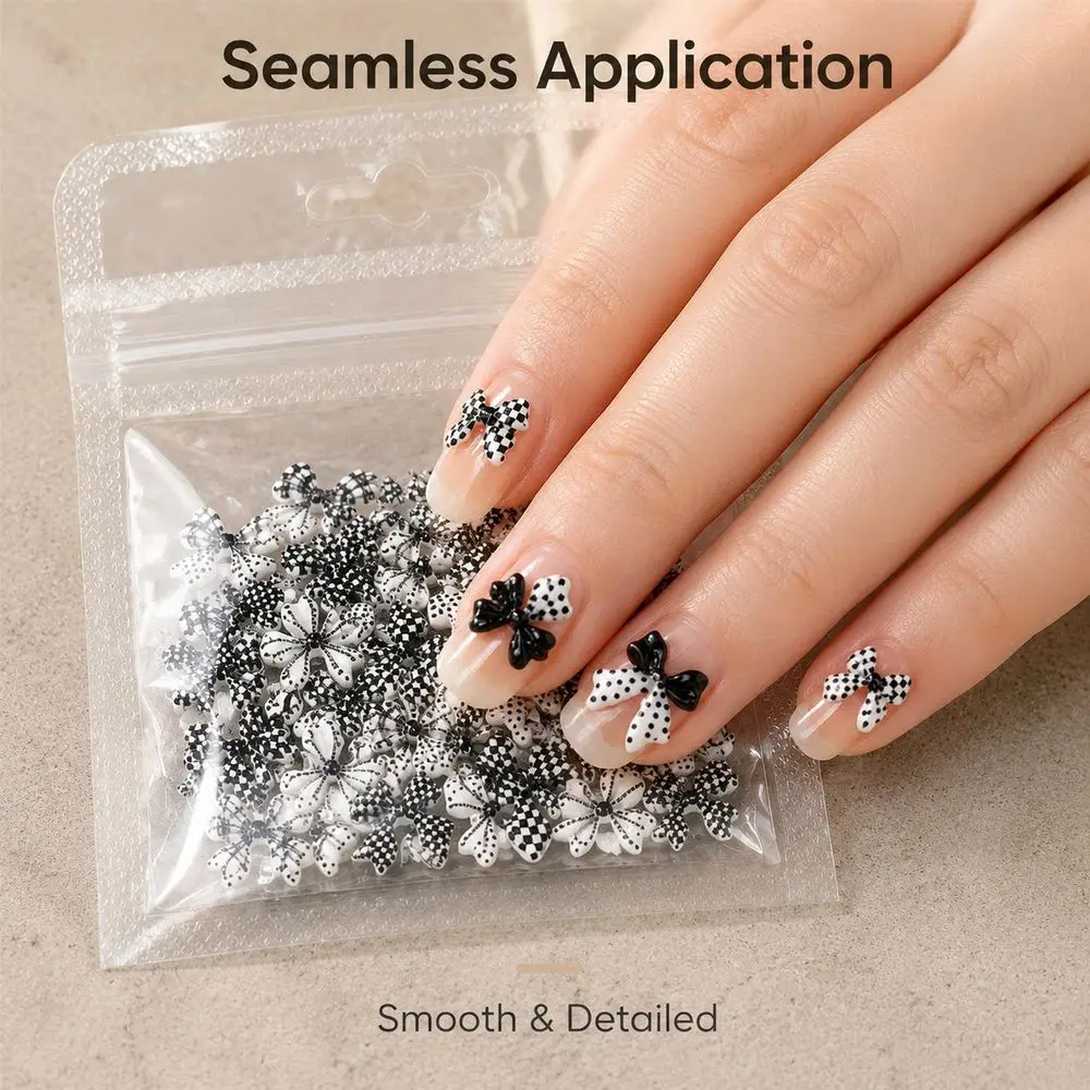 50Pcs Sweet Cool 3D Bow Nail Ornaments Black White Polka Dot Checkerboard Resin Charms For DIY Nails Decoration Accessories
