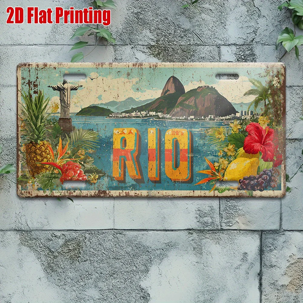 Rio de Janeiro Metal License Plate Wall Art -Aluminum Sign with Tropical Cityscape, Statue of Christ the Redeemer & Sugarloaf