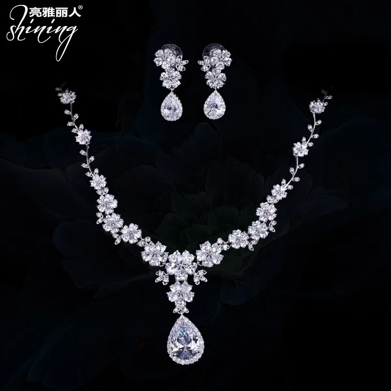 

genuine Luxury brand real jewels Korean version simple bridal Earring Set zircon necklace women's dinner jewelry high quality