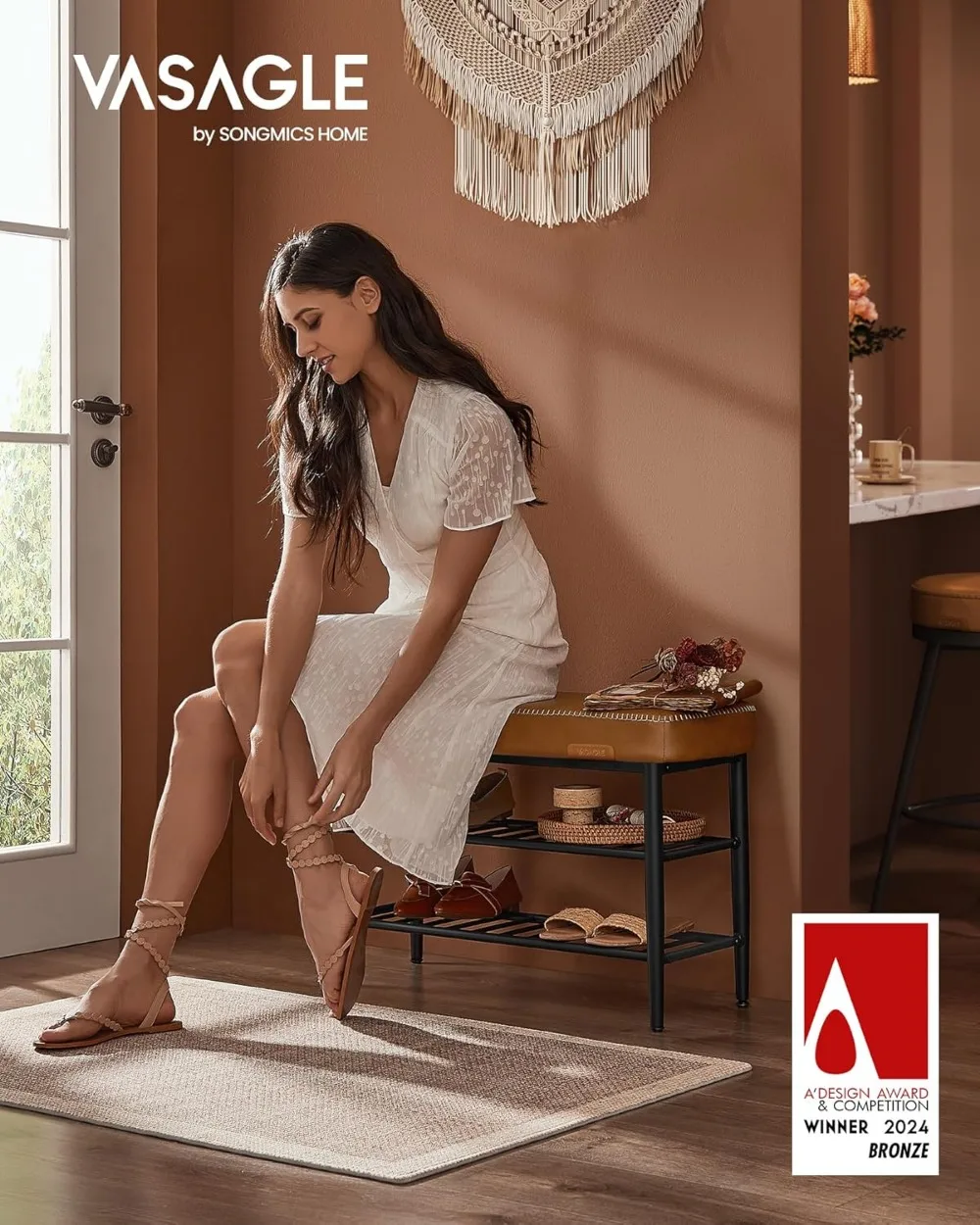 مقعد رف أحذية حديث من منتصف القرن مع مساحة تخزين، جلد صناعي، يحمل 300 رطل، بني كراميل للمدخل #4