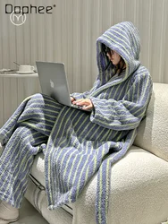 Women's Striped Robe Two Piece Sets Hooded Long Sleeve Coral Fleece Lace Up Warm Thick Simple Fashion Bathrobe Pajamas