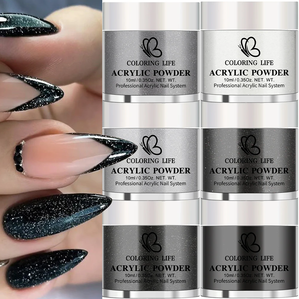6pcs Black/White Glitter Acrylic Powder 3 in 1 Nails Extension Dipping Carving Powder Fast-Dry Polymer Dust Fine Dip Powder