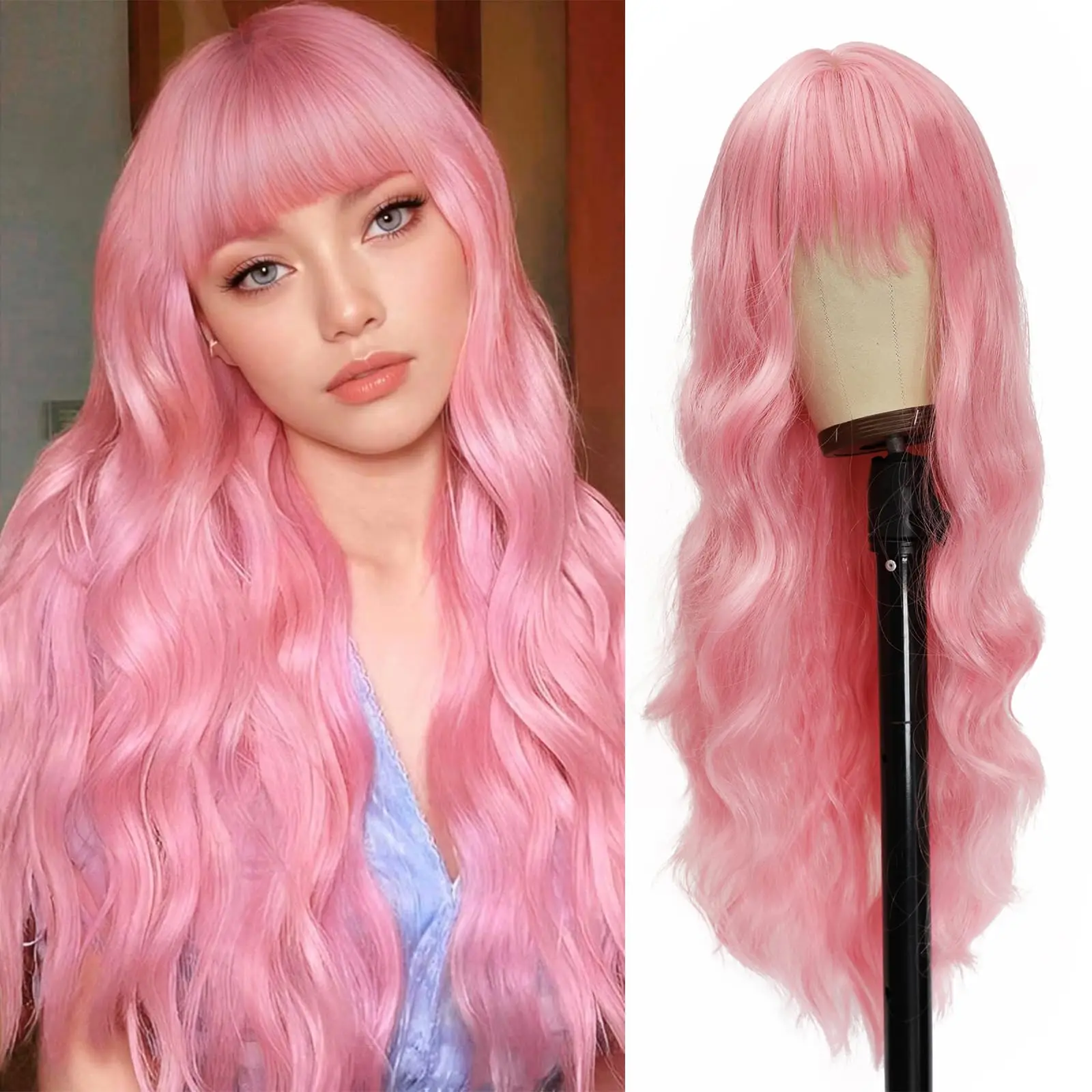 

New light pink synthetic wig with big waves for Halloween party cosplay, everyday use wig, high-temperature hair accessory