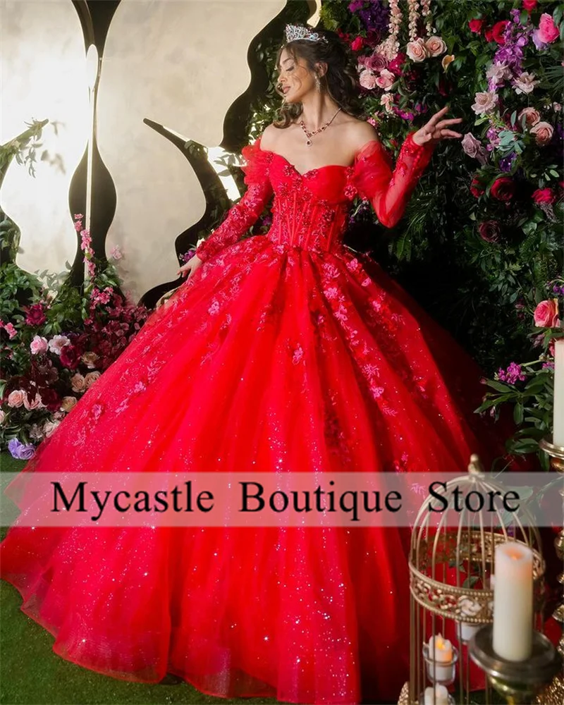 

Red Quinceanera Dresses Ball Gown Long Sleeves Lace Appliques Beaded Sparkle Mexican Sweet 16 Dresses 15 Anos